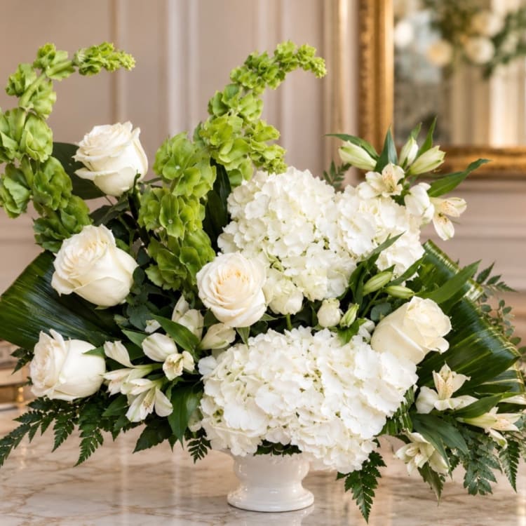 White roses and hydrangeas in a white vase with green accents