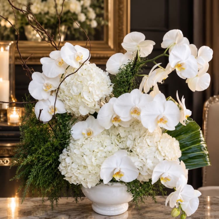 White orchids and hydrangeas arranged in a white vase