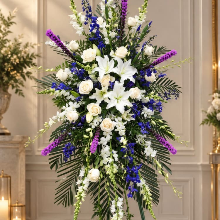Tall standing floral spray with white lilies, roses, and blue-purple flowers