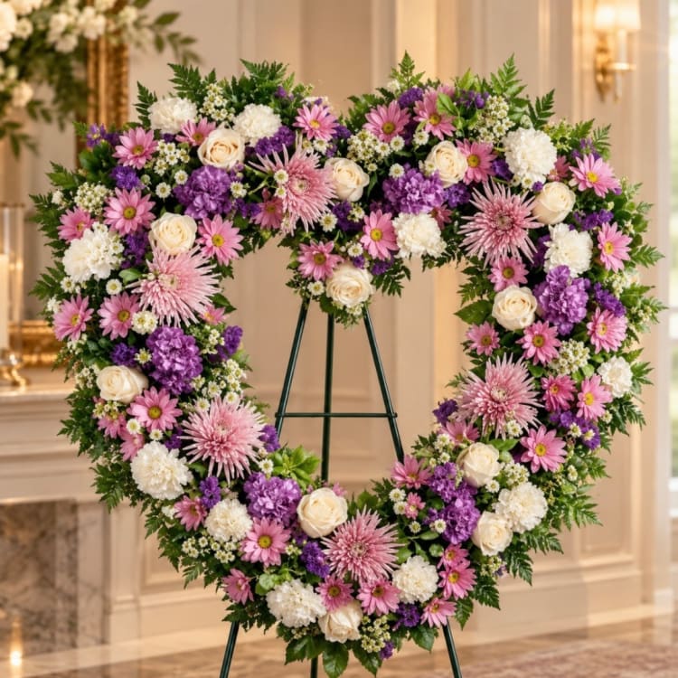 Heart-shaped floral wreath with pink, purple, and white flowers on an easel