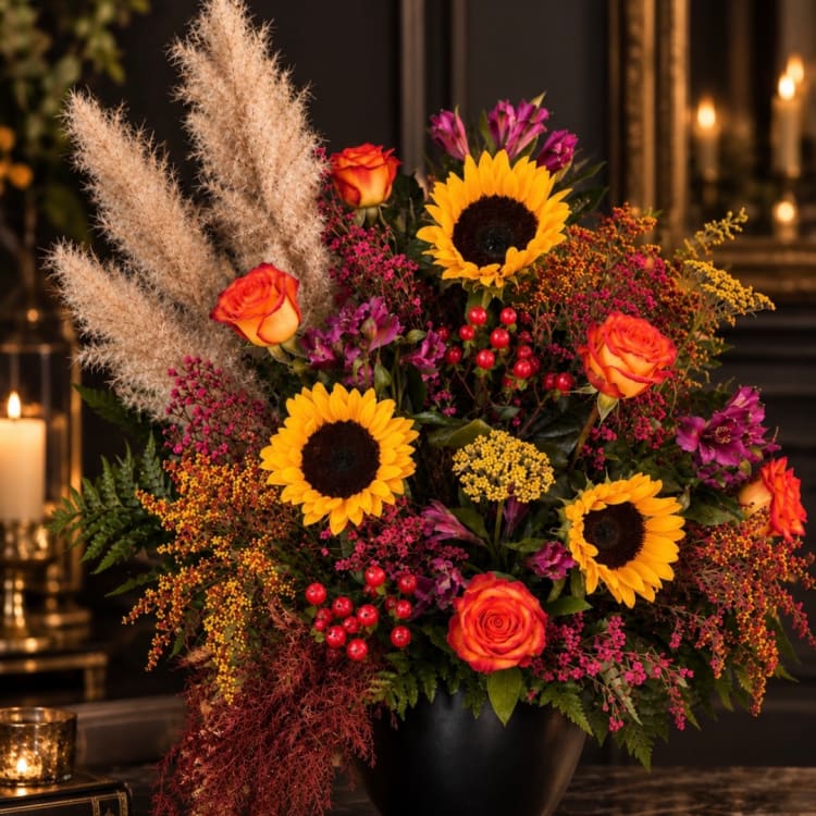 Bouquet of sunflowers, orange roses, and purple flowers in a black vase