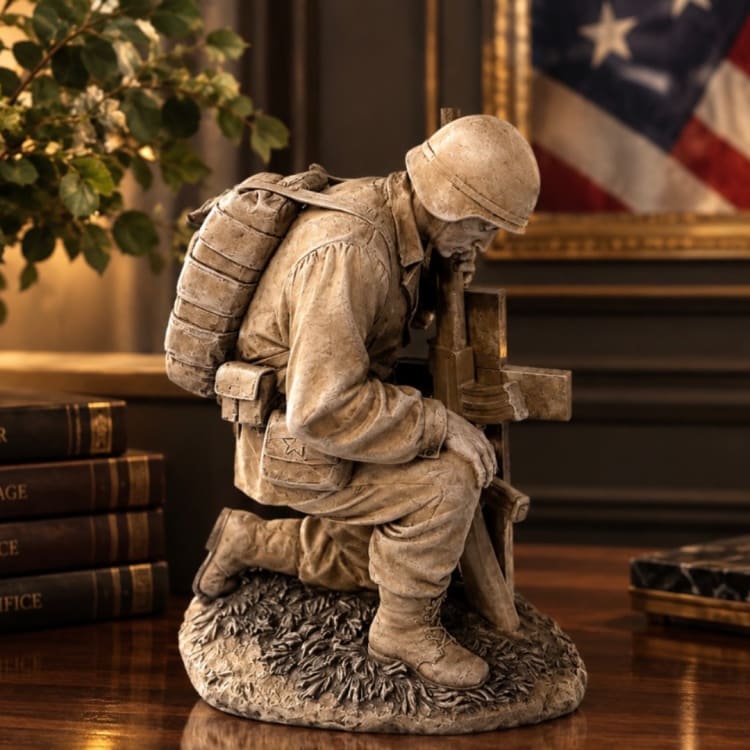 A kneeling soldier statue holding a cross on a desk