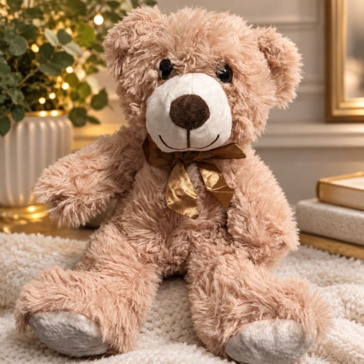 Plush teddy bear with a gold ribbon sitting on a rug