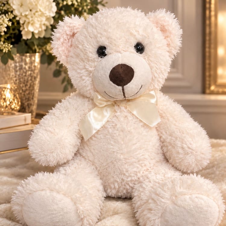 Cream teddy bear with a satin bow sitting in front of flowers