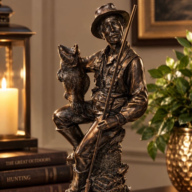 Bronze hunter statue holding a rifle and a dog indoors