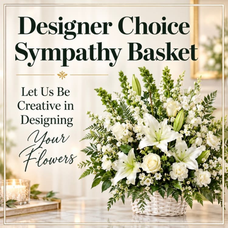 White sympathy basket with lilies, roses, and small white blooms in a wicker basket