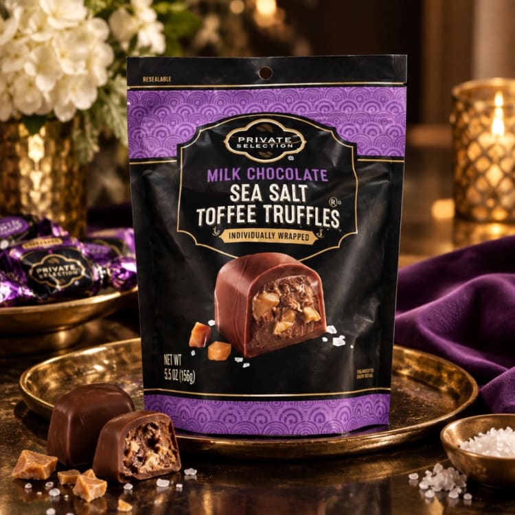 Bag of milk chocolate sea salt toffee truffles on a tray