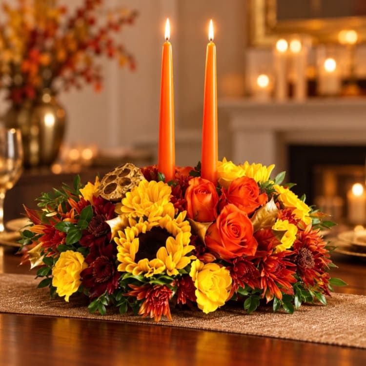 Low floral centerpiece with orange candles and yellow and orange flowers