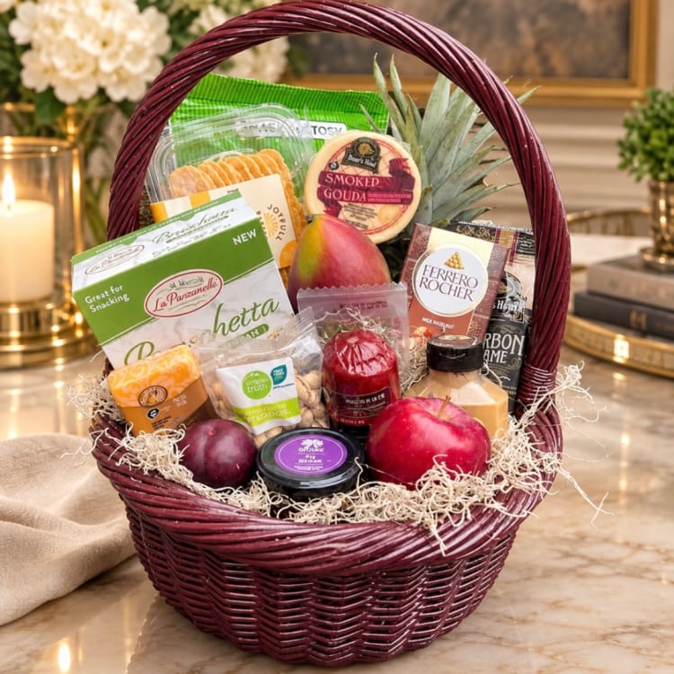 Gift basket with cheese, crackers, fruit, nuts, and chocolates in a burgundy wicker basket