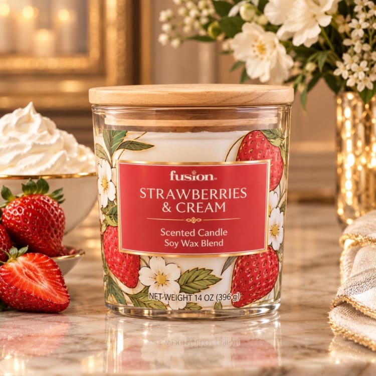 Strawberries and cream scented candle in a glass jar with a wooden lid