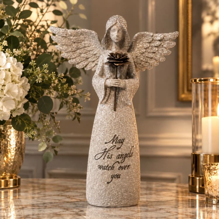 Angel figurine holding a flower with a sympathy message