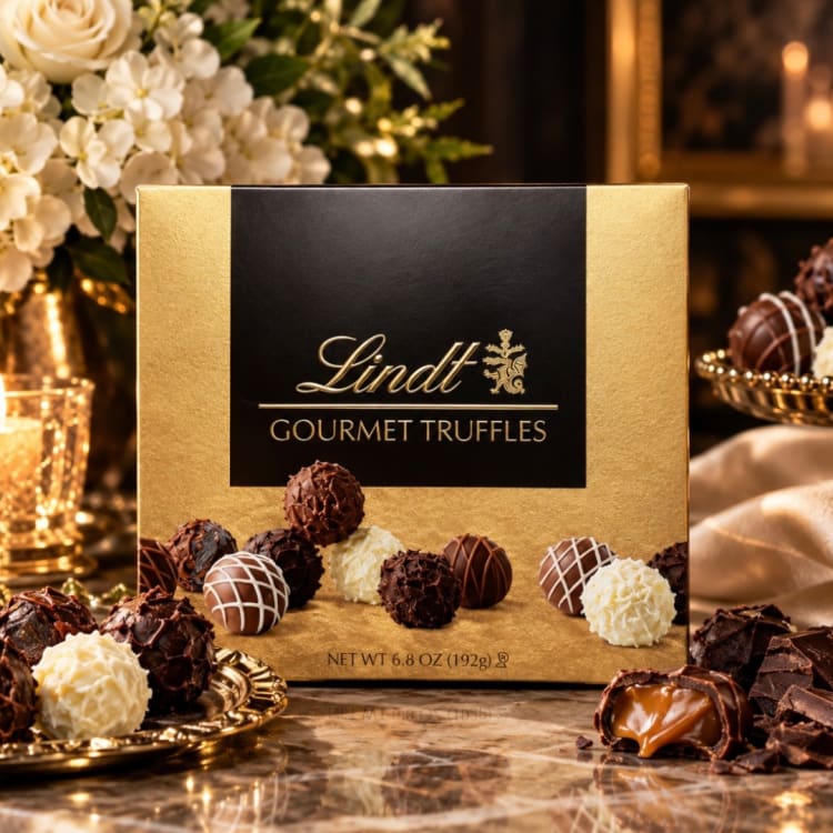 Box of Lindt gourmet truffles with assorted chocolates on a table