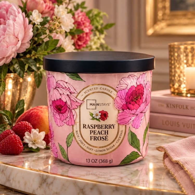 Pink scented candle in a floral tin with a black lid