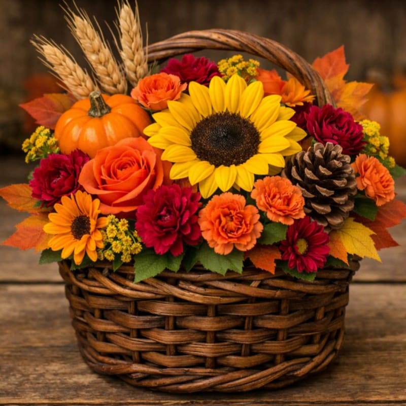 Autumn flower basket with a sunflower, roses, carnations, pumpkin, and pinecone