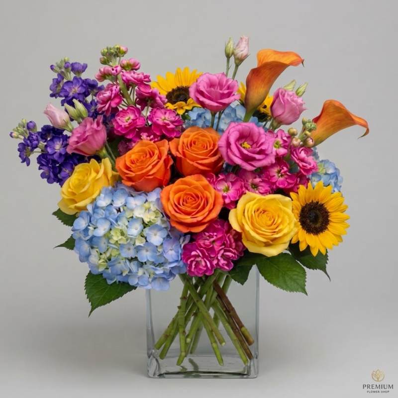 Colorful mixed bouquet in a clear square vase with roses, hydrangeas, sunflowers, and calla lilies