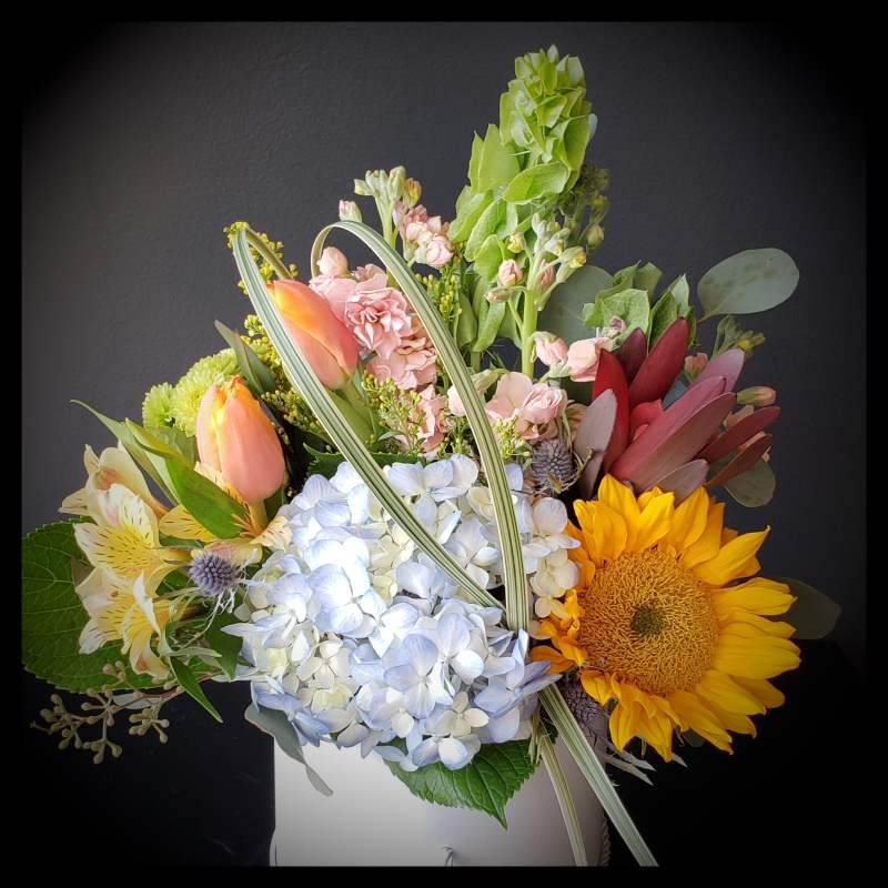 Mixed bouquet with sunflowers, hydrangeas, tulips, and pink blooms in a white box