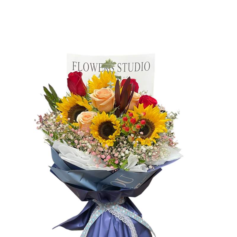 Bouquet of sunflowers and roses wrapped in blue paper