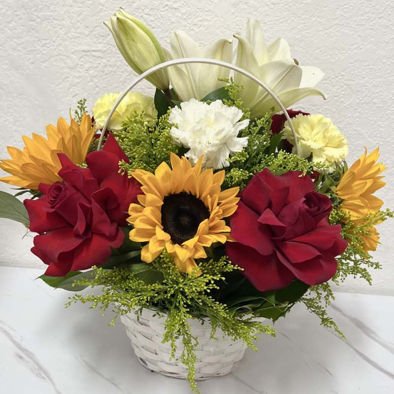 White Basket With Red Roses And Sunflowers