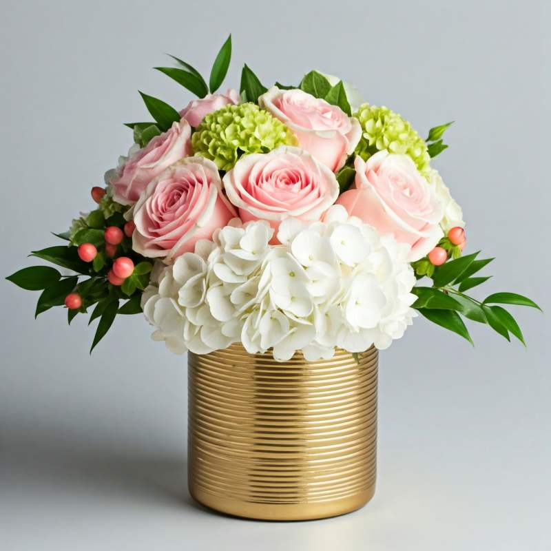 Pink roses and white hydrangeas in a gold vase