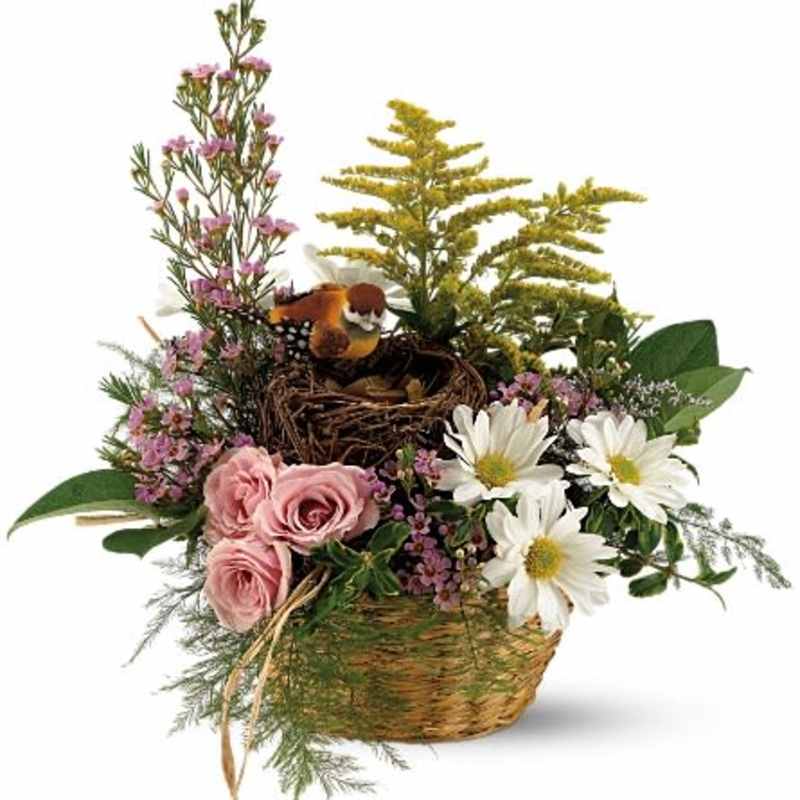 Basket arrangement with pink roses, white daisies, and a bird nest centerpiece