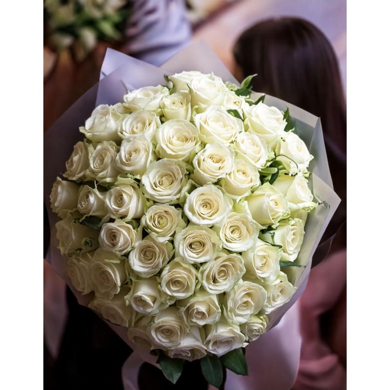 Bouquet of white roses wrapped in pale paper