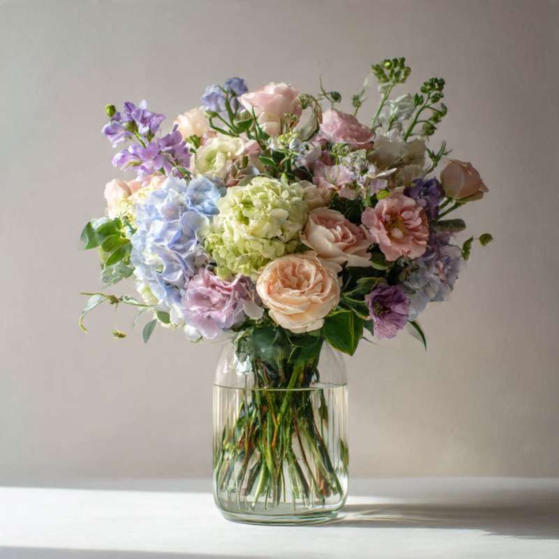 Pastel bouquet of roses, hydrangeas, and lilac flowers in a clear glass vase