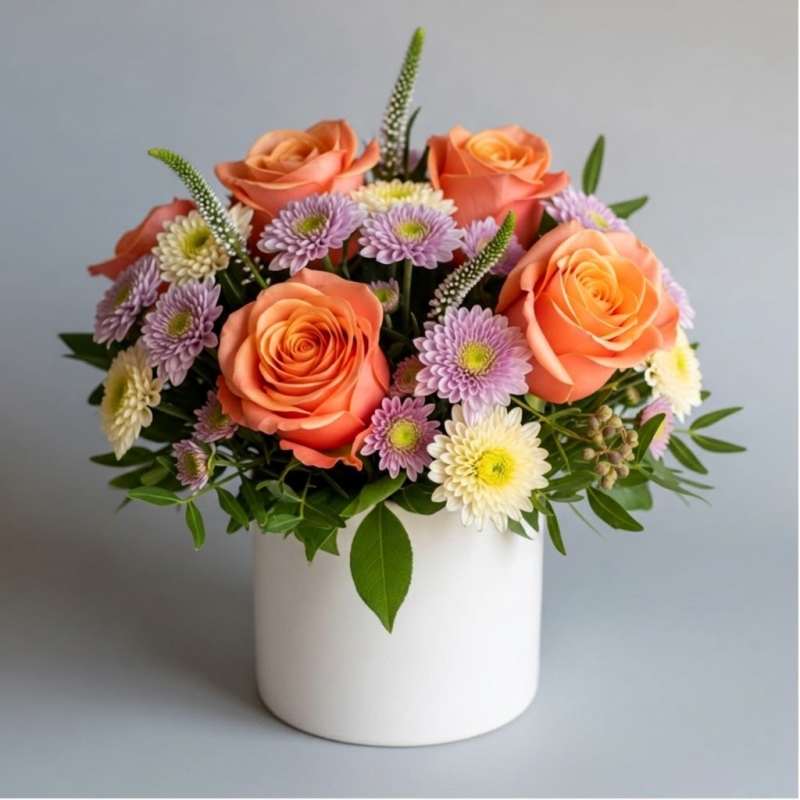 Peach roses and lavender daisies in a white vase
