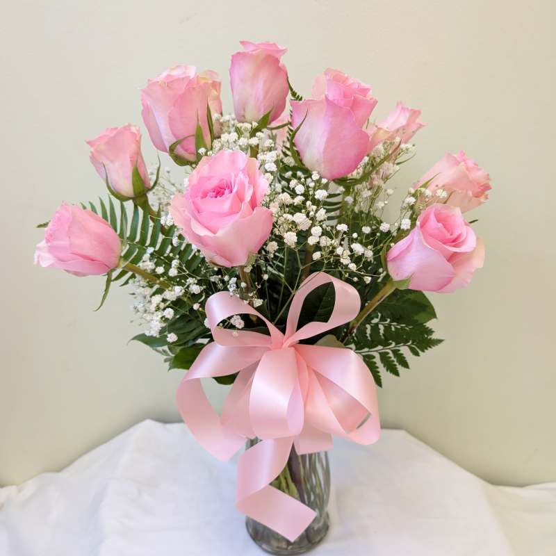 Dozen Long Stem Pink Roses with baby's breath
