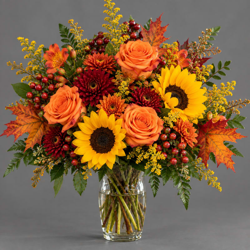 Autumn bouquet of sunflowers, orange roses, and red mums in a glass vase