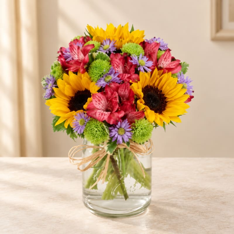Bouquet of sunflowers, pink alstroemeria, and purple daisies in a glass vase