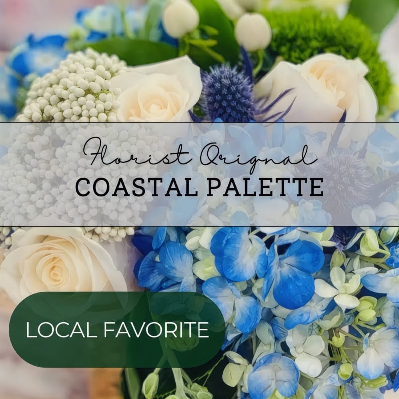 Blue and white floral arrangement with roses and hydrangeas