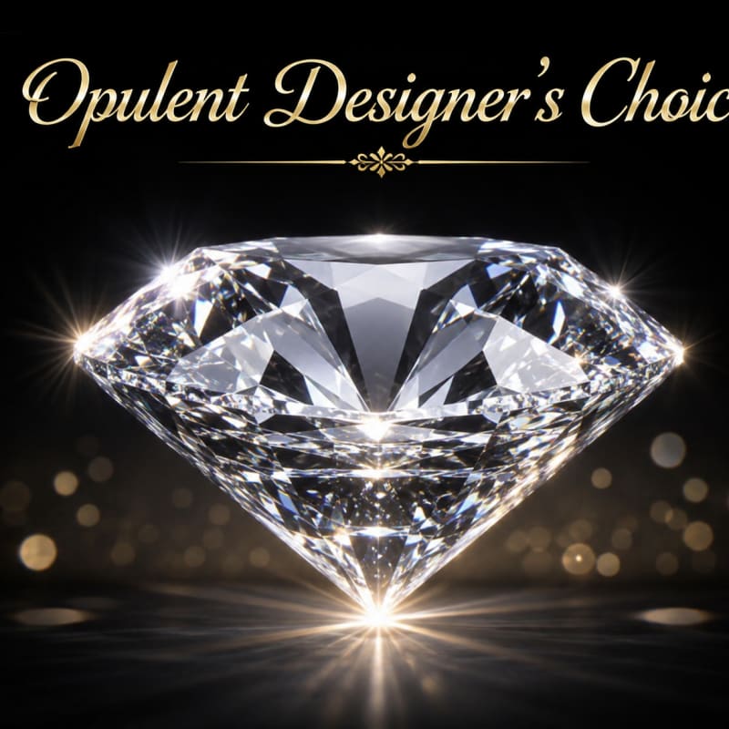 A large faceted diamond on a black background with gold text above it