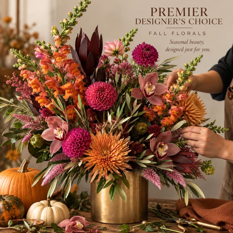 Fall floral arrangement in a gold vase with orange, pink, and burgundy blooms