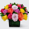 Compact arrangement of multicolored roses in a leaf-lined square glass vase