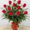 One dozen long stem roses.