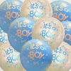 Cluster of blue and gold balloons printed with "It's a Boy"