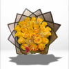 Bouquet of yellow roses wrapped in dark paper with butterfly picks