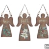 Three wooden angel ornaments labeled hope, faith, and peace