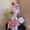 Pink rose arrangement with balloons and a teddy bear in a gift box