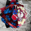 Bouquet of multicolored roses with Spider-Man and Hello Kitty toppers