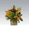 Orange and purple mixed bouquet in a square wooden container