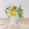 Yellow roses and white flowers in a white vase