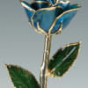 Blue rose with gold-edged petals and green leaves