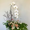 White orchid arrangement with peach roses in a low bowl