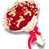 Bouquet of red roses with small white daisies and pink wrapping