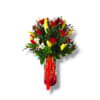 Bouquet of red roses and yellow lilies in a glass vase with a red ribbon