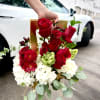 Hand holding a bouquet of red roses and white hydrangeas