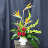 Tall tropical arrangement with red roses and bird of paradise in a white vase
