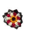 Hand-tied bouquet with a central sunflower, red and white roses, and baby's breath in black paper wrapping
