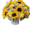 Round arrangement of sunflowers, yellow carnations, and orange roses with baby's breath in a white textured vase